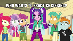 Size: 600x335 | Tagged: safe, edit, edited screencap, screencap, apple bloom, aria blaze, scootaloo, snails, snips, sweetie belle, equestria girls, rainbow rocks, battle of the bands, caption, female, image macro, implied kissing, meme, text