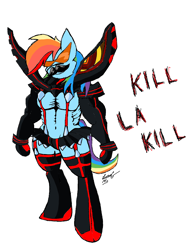 Size: 1528x1968 | Tagged: safe, artist:lucas_gaxiola, rainbow dash, anthro, pegasus, unguligrade anthro, armor, crossover, female, kill la kill, simple background, solo, sunglasses, text, white background