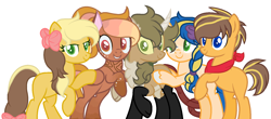 Size: 1700x748 | Tagged: safe, artist:justanotherfan-trash, oc, oc only, oc:apple bottom jeans, oc:apple flower, oc:cc, oc:golden pear, oc:rotten core, earth pony, hybrid, pony, bow, brother and sister, chest fluff, cloven hooves, colored sclera, curved horn, draconequus hybrid, female, hair bow, half-siblings, horn, interspecies offspring, male, neckerchief, offspring, parent:applejack, parent:caramel, parent:discord, parent:fancypants, parents:applecord, parents:carajack, parents:fancyjack, siblings, simple background, slit eyes, white background