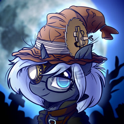 Size: 1280x1280 | Tagged: safe, artist:witchtaunter, derpibooru import, oc, oc only, oc:yaasho, pony, unicorn, clothes, female, full moon, glasses, hat, mare, moon, smiling, solo, witch hat