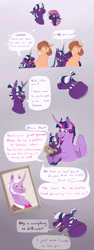 Size: 2988x7925 | Tagged: safe, artist:vindhov, derpibooru import, twilight sparkle, twilight sparkle (alicorn), oc, oc:inkwell, oc:noctis, oc:orion, oc:perfectly peachy pie, alicorn, earth pony, pony, beard, card trick, colt, curved horn, dialogue, drunk, facial hair, fake horn, female, foal, gradient background, horn, interspecies offspring, male, mare, mother and child, mother and son, multiple eyes, offspring, parent and child, parent:flash sentry, parent:pinkie pie, parent:princess luna, parent:spike, parent:trouble shoes, parent:twilight sparkle, parents:flashlight, parents:spiluna, parents:trouble pie, snip (coat marking), speech bubble, stallion, star (coat marking), teddy bear, three eyes, tongue out