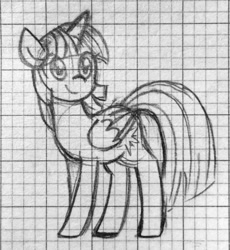 Size: 1280x1391 | Tagged: safe, artist:ch-chau, twilight sparkle, twilight sparkle (alicorn), alicorn, pony, cute, female, graph paper, grayscale, mare, monochrome, pencil drawing, profile, sideways glance, sketch, smiling, solo, standing, traditional art, twiabetes