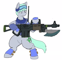 Size: 2048x2032 | Tagged: safe, artist:omegapony16, oc, oc:oriponi, earth pony, pony, armor, bayonet, bipedal, clothes, gun, hoof hold, simple background, soldier, vest, weapon, white background