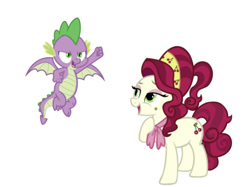 Size: 750x562 | Tagged: safe, artist:cheezedoodle96, artist:sugar-loop, edit, editor:undeadponysoldier, cherry jubilee, spike, dragon, pony, beauty mark, female, impressed, jubispike, male, mare, shipping, simple background, spread wings, straight, white background, winged spike, wings