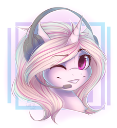 Size: 1885x2071 | Tagged: safe, artist:falafeljake, derpibooru import, oc, oc only, oc:dixie, pony, unicorn, female, headphones, headset, one eye closed, smiling, solo, wink, ych result