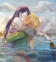 Size: 1446x1585 | Tagged: safe, artist:tcn1205, applejack, rarity, better together, equestria girls, clothes, cute, daaaaaaaaaaaw, eyes closed, female, jackabetes, kissing, lesbian, passionate, raribetes, rarijack, shipping, water, wet clothes, wet hairity, wet shirt