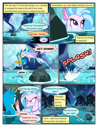 Size: 612x792 | Tagged: safe, artist:newbiespud, edit, edited screencap, screencap, gallus, silverstream, storm king, griffon, pony, seapony (g4), comic:friendship is dragons, my little pony: the movie, what lies beneath, comic, dialogue, female, flying, glowing eyes, hiding, jumping, looking up, male, onomatopoeia, screencap comic, shadow, splash, swimming