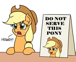 Size: 1100x900 | Tagged: safe, artist:mkogwheel edits, edit, applejack, earth pony, pony, angry, applejack's hat, applejack's sign, banned, cowboy hat, hat, howdy, inverted mouth, meme, open mouth, sign