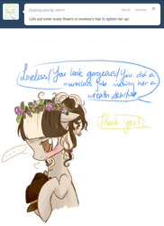 Size: 650x893 | Tagged: safe, artist:laceymod, oc, oc:lovelace, oc:loveless (laceymod), pony, unicorn, ask lovelace, blushing, female, floral head wreath, flower, mare, solo