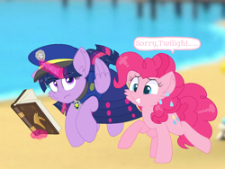 Size: 1440x1080 | Tagged: safe, artist:rainbow eevee edits, artist:徐詩珮, pinkie pie, twilight sparkle, twilight sparkle (alicorn), alicorn, earth pony, pony, series:sprglitemplight diary, series:sprglitemplight life jacket days, series:springshadowdrops diary, series:springshadowdrops life jacket days, alternate universe, clothes, cute, dialogue, female, mare, paw patrol, twilight is not amused, unamused