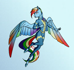 Size: 2370x2244 | Tagged: safe, artist:akweer, derpibooru import, rainbow dash, anthro, unguligrade anthro, blue background, clothes, colored wings, female, flying, multicolored wings, rainbow wings, simple background, solo, spread wings, uniform, wings, wonderbolts uniform