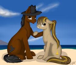 Size: 2645x2267 | Tagged: safe, artist:dreamyartcosplay, oc, oc only, earth pony, pony, beach, cloud, earth pony oc, female, grin, hat, male, mare, signature, sitting, smiling, stallion