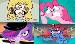 Size: 1164x686 | Tagged: safe, edit, edited screencap, screencap, pinkie pie, dog, human, pony, pinkie pride, :c, >:c, comparison, faic, female, frown, gritted teeth, littlest pet shop, lori loud, mare, nickelodeon, obligatory pony, rage, sylvia, the loud house, the time bomb, wander (wander over yonder), wander over yonder, zoe trent