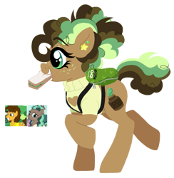 Size: 633x649 | Tagged: safe, artist:unoriginai, cheese sandwich, minty mocha, oc, earth pony, adoptable, backpack, boob window, clothes, cute, ear piercing, earring, food, jewelry, lineless art, offspring, parent:cheese sandwich, parent:minty mocha, pickle, pickle rick, piercing, sandwich, screencap reference, simple background, sweater, transparent background