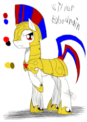 Size: 985x1385 | Tagged: safe, artist:didun850, oc, oc only, oc:silver bloodrain, earth pony, pony, armor, earth pony oc, helmet, hoof shoes, male, raised hoof, reference sheet, royal guard, solo, stallion