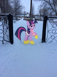 Size: 1620x2160 | Tagged: safe, artist:albertuha, derpibooru import, twilight sparkle, unicorn twilight, pony, unicorn, female, fence, frown, irl, mare, mcdonald's, photo, ponies in real life, raised hoof, smiling, snow, solo, winter