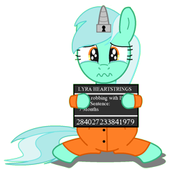 Size: 1076x1050 | Tagged: safe, artist:stephen-fisher, artist:tardifice, pony, clothes, crying, horn, horn cap, magic suppression, mugshot, prison outfit, prisoner, sad, simple background, solo, transparent background