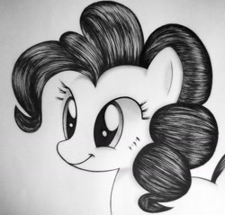 Size: 1678x1602 | Tagged: source needed, safe, artist:names76, pinkie pie, earth pony, pony, bust, cute, diapinkes, monochrome, sketch, smiling, solo, traditional art