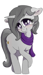 Size: 695x1202 | Tagged: safe, artist:t72b, derpibooru exclusive, oc, oc:rainbow crash, pony, unicorn, 2020 community collab, clothes, derpibooru community collaboration, female, floppy ears, mare, scarf, simple background, smiling, solo, transparent background