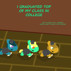 Size: 1000x1000 | Tagged: safe, artist:artdbait, oc, oc:goldy, series:goldy and hazard, amber eyes, diploma, graduation, graduation cap, green fur, hat, smiling, yellow mane