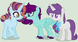 Size: 1028x558 | Tagged: safe, artist:justanotherfan-trash, oc, oc only, oc:music note, oc:precious, oc:sparkle gem, dracony, hybrid, pony, unicorn, bowtie, chest fluff, claw hooves, female, green background, half-siblings, interspecies offspring, magical lesbian spawn, offspring, parent:octavia melody, parent:rarity, parent:sassy saddles, parent:spike, parents:rarisaddles, parents:raritavia, parents:sparity, siblings, simple background, sisters, trio