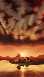 Size: 2000x3500 | Tagged: safe, artist:klooda, derpibooru import, oc, oc:flint, pony, unicorn, cloud, lake, lying, male, reflection, solo, stallion, sun ray, sunset, water, ych example, ych result, your character here