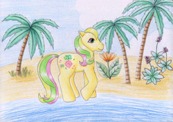 Size: 1280x903 | Tagged: safe, artist:normaleeinsane, g1, beach, cloud, flower, ocean, palm tree, solo, tootie tails, traditional art, tree, tropical ponies, water