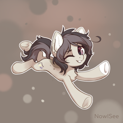 Size: 1280x1280 | Tagged: safe, artist:inowiseei, oc, oc only, oc:polka dot, earth pony, pony, abstract background, chest fluff, commission, ear fluff, female, fluffy, freckles, looking at you, mare, smiling, solo, underhoof