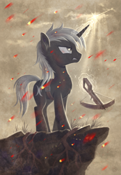 Size: 1395x2000 | Tagged: safe, artist:stasysolitude, derpibooru import, oc, oc only, pony, unicorn, cliff, crossbow, fire