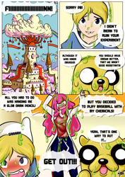 Size: 2480x3507 | Tagged: safe, artist:pixelboy, dog, human, comic:princess day off, adventure time, angry, barely pony related, blushing, castle, clothes, comic, dialogue, explosion, female, finn the human, jake the dog, lab coat, male, no pony, princess bubblegum