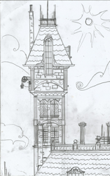 Size: 1040x1660 | Tagged: safe, artist:newman134, equestria girls, architecture, building, chimney, conceptual, hand drawing, mansion, monochrome, no characters, original location, pencil drawing, roof, tower, traditional art