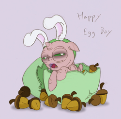 Size: 712x697 | Tagged: safe, artist:ravenpuff, oc, oc only, oc:butters, oc:sir reginald butterscop pendragon iv jr., alicorn, acorn, alicorn oc, bags under eyes, bunny ears, colt, easter, egg, floppy ears, holiday, male, no teeth, not salmon, solo, tired, wat