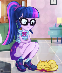 Size: 624x736 | Tagged: safe, artist:charliexe, sci-twi, twilight sparkle, cat, better together, equestria girls, clothes, cute, digital art, dress, female, geode of telekinesis, glasses, legs, magical geodes, ponytail, schrödinger's pantsu, shoes, skirt, smiling, socks, solo, thighs, twiabetes, upskirt