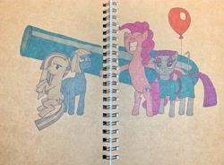 Size: 3656x2690 | Tagged: safe, artist:short tale, limestone pie, marble pie, maud pie, pinkie pie, earth pony, pony, balloon, hand drawing, hug, markers, notebook, party cannon, pie family, traditional art