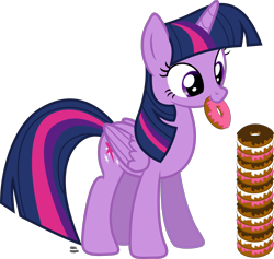 Size: 1652x1567 | Tagged: safe, artist:anime-equestria, twilight sparkle, twilight sparkle (alicorn), alicorn, pony, cute, donut, female, food, happy, mare, mouth hold, simple background, solo, stacking, transparent background, twiabetes, vector