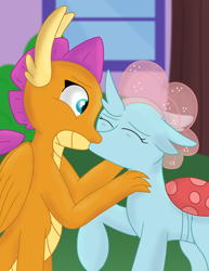 Size: 2550x3300 | Tagged: safe, artist:skyflys, ocellus, smolder, changedling, changeling, dragon, cute, diaocelles, dragoness, female, interspecies, kissing, lesbian, shipping, smolcellus, smolderbetes, teenager