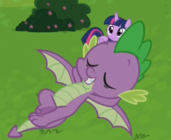 Size: 1193x979 | Tagged: safe, derpibooru import, screencap, spike, twilight sparkle, twilight sparkle (alicorn), alicorn, dragon, father knows beast, chillaxing, claws, cropped, crossed legs, eyes closed, female, flying, male, mare, on back, paws, smiling, spread wings, toes, winged spike, wings