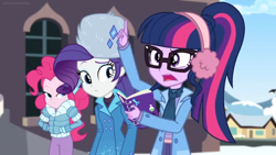 Size: 1600x900 | Tagged: safe, screencap, pinkie pie, rarity, sci-twi, twilight sparkle, equestria girls, equestria girls series, holidays unwrapped, spoiler:eqg series (season 2), book, clothes, coat, earmuffs, glasses, hands in pockets, hat, house, jacket, ponytail, raised finger, ushanka, window, winter outfit