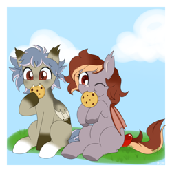 Size: 1000x1000 | Tagged: safe, artist:ch-chau, oc, oc only, oc:calypso orchid, oc:pepper zest, bat pony, hybrid, pegasus, pony, arent:oc:casey bleu, bat pony oc, cloud, colt, commission, cookie, cute, eating, female, filly, food, friends, gift art, male, ocbetes, offspring, parent:oc:rasta jam, parent:oc:savory zest, parent:oc:scarlet quill, parents:oc x oc, sitting, sky, smiling
