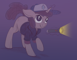 Size: 2129x1659 | Tagged: safe, artist:allyster-black, pony, unicorn, cap, clothes, dark, dipper pines, flashlight (object), gravity falls, hat, magic, night, ponified, sketch, solo, telekinesis