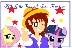 Size: 2480x1664 | Tagged: safe, artist:avchonline, fluttershy, twilight sparkle, unicorn twilight, human, pegasus, pony, unicorn, clothes, female, grin, hat, mare, one eye closed, one piece, smiling, text, thumbs up, wink