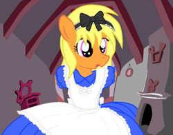 Size: 972x762 | Tagged: safe, artist:avchonline, oc, oc only, oc:sean, pegasus, semi-anthro, alice in wonderland, blushing, bow, chimney, clothes, colt, crossdressing, crossover, dress, exclamation point, femboy, hair bow, male, solo