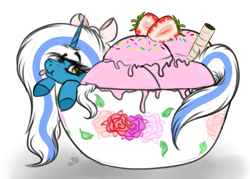 Size: 1057x756 | Tagged: safe, artist:beamybutt, oc, oc:fleurbelle, alicorn, adorabelle, alicorn oc, bow, bowl, cute, female, food, hair bow, ice cream, mare, sprinkles, strawberry, tongue out