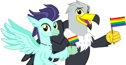 Size: 2422x1255 | Tagged: safe, artist:shadymeadow, oc, oc only, oc:anchor hook, oc:grant the griffon, classical hippogriff, griffon, hippogriff, gay, gay pride flag, male, pride, simple background, transparent background