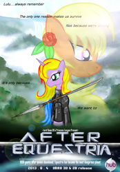 Size: 2668x3825 | Tagged: safe, artist:avchonline, oc, oc only, oc:princess lucyan, oc:sean, alicorn, pegasus, pony, after earth, alicorn oc, armor, bust, clothes, crossover, duo, female, flower, flower in hair, male, mare, pegasus oc, poster, spear, stallion, weapon, wings