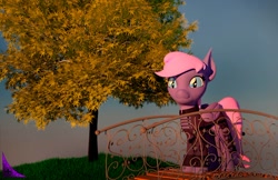 Size: 1112x719 | Tagged: safe, artist:kiodima, oc, oc:bonya, pegasus, pony, 3d, bridge, cinema 4d, clothes, realistic, suit, tree