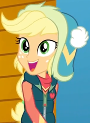 Size: 562x767 | Tagged: safe, screencap, applejack, equestria girls, equestria girls series, holidays unwrapped, spoiler:eqg series (season 2), clothes, coat, cropped, cute, female, freckles, jackabetes, long sleeves, scarf, smiling, storage, winter coat, winter hat, winter outfit, zipper