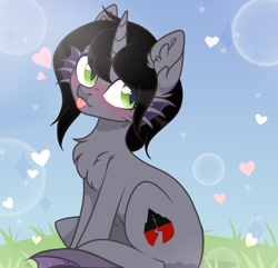 Size: 2472x2385 | Tagged: safe, artist:kim0508, artist:sparkling_light, hybrid, pony, base used, chest fluff, commission, curved horn, ear fluff, fins, fish tail, hair over one eye, half-siren, horn, kellin quinn, male, ponified, sitting, sleeping with sirens, slit eyes, solo, tongue out, ych result