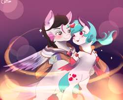 Size: 2995x2445 | Tagged: artist needed, safe, oc, oc only, hippogriff, pegasus, pony, clothes, cosplay, costume, couple, female, hug, in love, league of legends, male