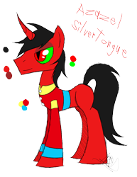 Size: 888x1150 | Tagged: safe, artist:didun850, oc, oc only, oc:azazel silvertongue, pony, unicorn, clothes, grin, red and black oc, reference sheet, signature, simple background, slit eyes, smiling, solo, transparent background, unicorn oc